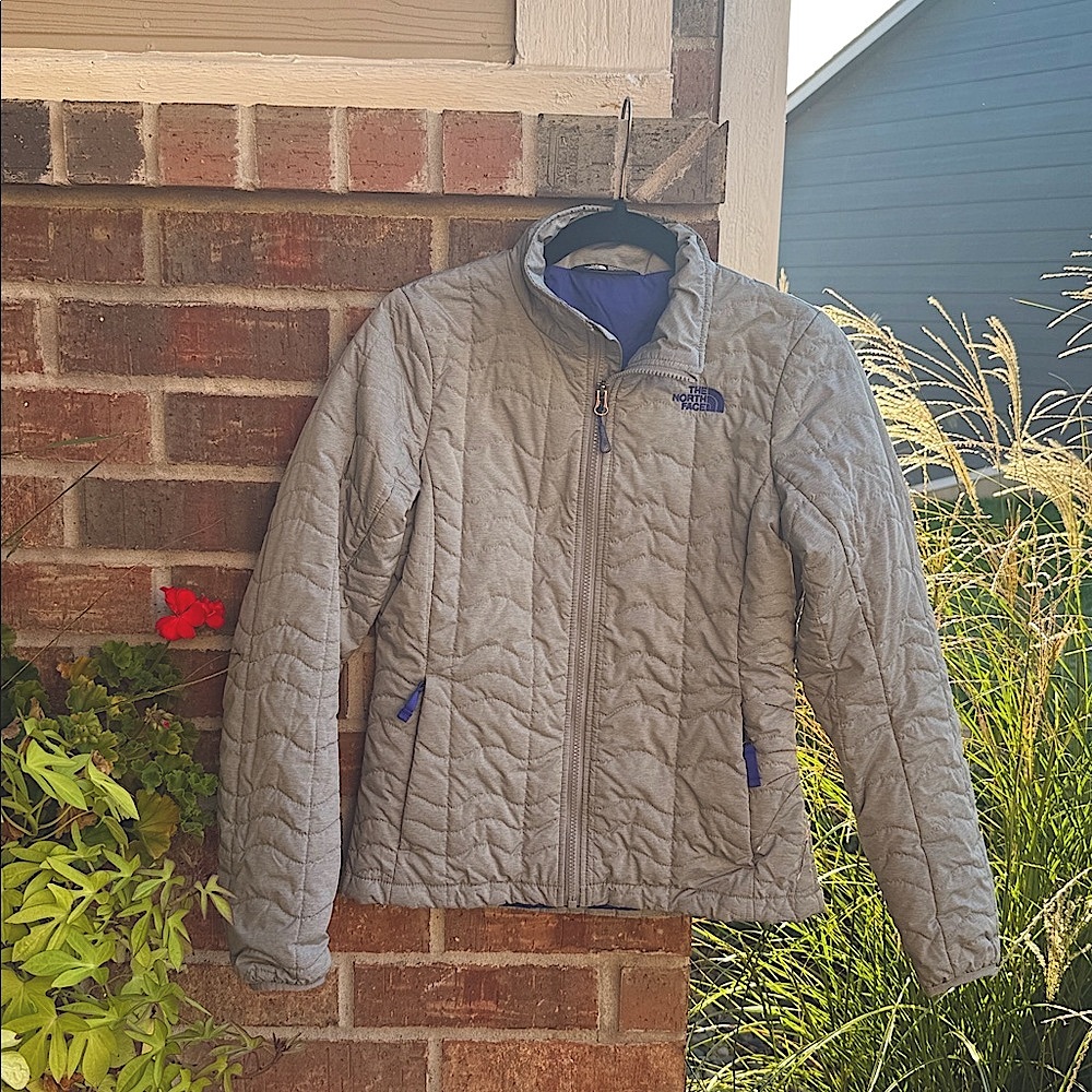 The North Face Ladies S Quilted Gray Light Puffer Jacket lined w/purple